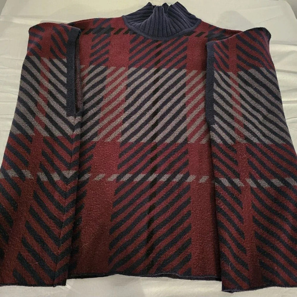 Ann Taylor Petite Plaid Poncho Womens XS/S Burgundy Blue Sweater Cottage - Picture 4 of 7